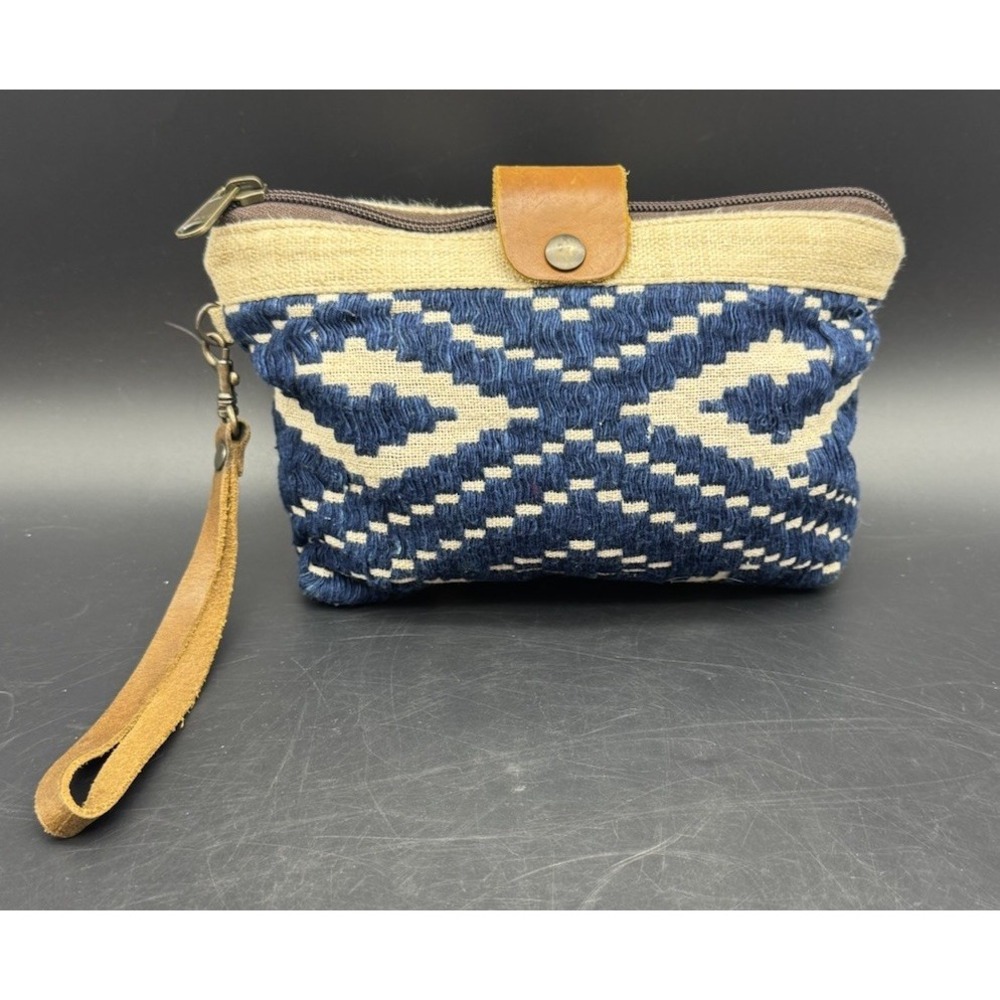 Artisan Woven Wristlet Pouch Made in Thailand Blue Tribal Textile Leather Strap